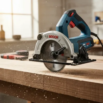 A Bosch 18V brushless circular saw making a precise cut through a wooden board.