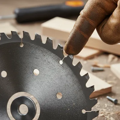 A close-up of a circular saw blade being inspected for dullness and damage