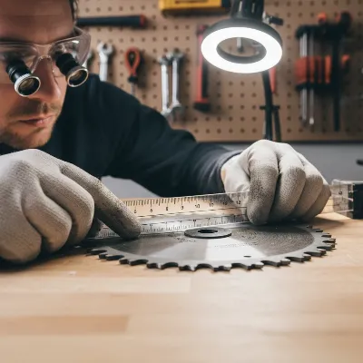 A DIYer inspecting a circular saw blade for wear and dullness, using a small ruler to check tooth condition.