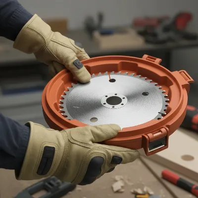 Person demonstrating safe handling of a circular saw blade with protective gear.
