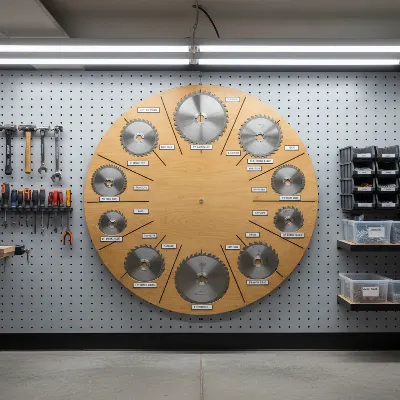 A circular saw blade storage rack showing various blades organized on a wall mount.