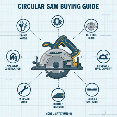 A detailed infographic illustrating a circular saw buying guide, focusing on a Skilsaw 15 Amp Worm Drive, with key features highlighted.