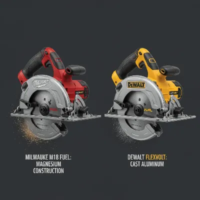 Milwaukee M18 Fuel circular saw in a comparative setup with a competitor, highlighting durability features.