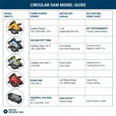 A detailed comparison table showcasing various circular saw models with their specifications and features.