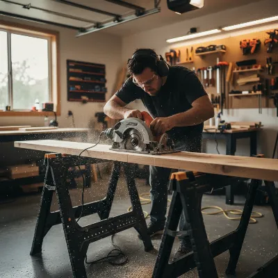 Circular saw cutting a wooden board for a DIY project in a garage, realistic, dynamic light