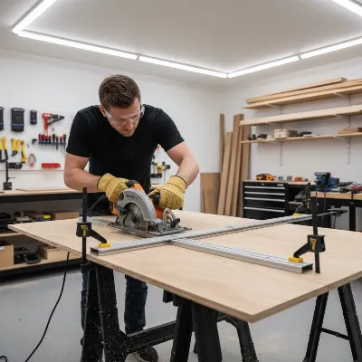 A DIYer demonstrating proper circular saw cutting technique with a straight edge guide