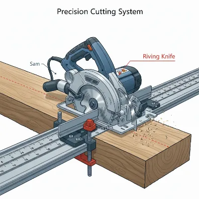 Circular saw with track and riving knife for kickback prevention