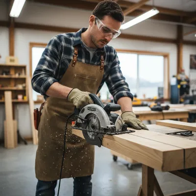A person safely operating a left-handed circular saw, showcasing proper hand placement, safety glasses, and clear visibility of the cut line on a wooden board.