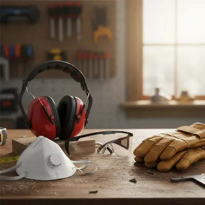 Circular saw safety gear including glasses, earmuffs, mask, and gloves