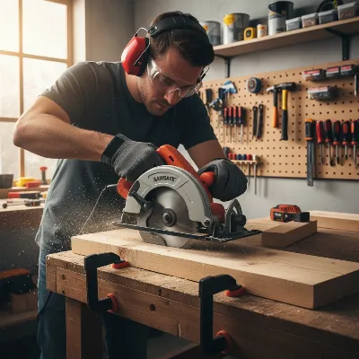 A person wearing safety glasses and ear protection operating a circular saw on a piece of wood.