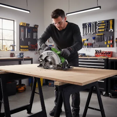 Person demonstrating safe use of a Ryobi ONE+ 18V Cordless Circular Saw with safety gear