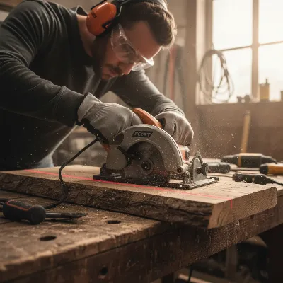 A person wearing safety glasses and ear protection using a circular saw with a laser guide on a workbench.