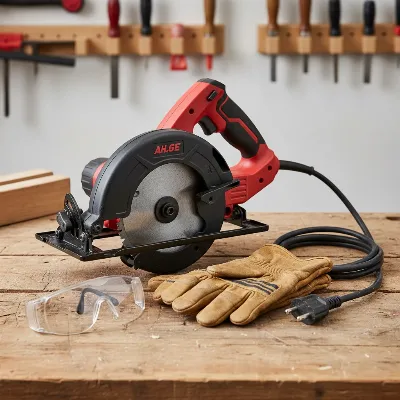 Circular saw unplugged on a workbench, with work gloves and safety glasses nearby, emphasizing safety.