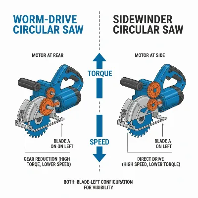 Comparison between worm-drive and sidewinder circular saws, highlighting motor placement and blade orientation.