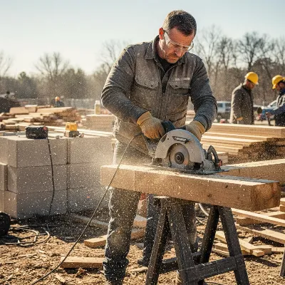 Contractor using a heavy-duty circular saw to cut large timber on a construction site