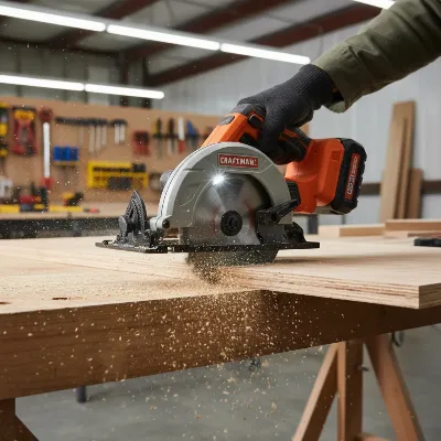 Craftsman V20 Cordless Circular Saw making a precise cut through a wooden board.