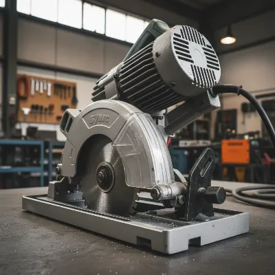 A dedicated metal-cutting circular saw with a thick carbide-tipped blade, emphasizing safety features.