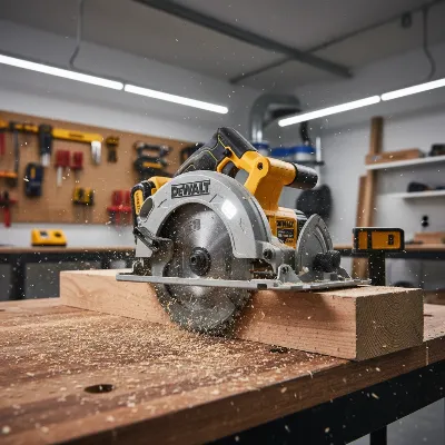 A DeWalt 20V Max circular saw with a 6-1/2 inch blade expertly cutting a piece of dimensional lumber on a workbench, with sawdust in the air and a bright LED light illuminating the cut line for precision. The background shows a modern workshop setting with tools neatly organized.
