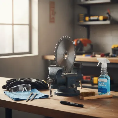 A collection of essential tools for DIY circular saw blade sharpening, including a diamond file, safety glasses, gloves, a cleaning solution, a wire brush, a permanent marker, and a bench vise with a circular saw blade secured in place. The tools are neatly arranged on a workbench with sawdust in the background, suggesting a workshop environment. The lighting is bright and focused on the tools, with a shallow depth of field.