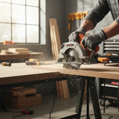 A left-handed circular saw in action, showing the clear line of sight to the blade as it cuts through a piece of wood.