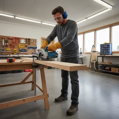 Person using Makita 18V LXT Brushless Circular Saw with safety gear