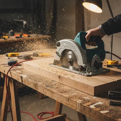 Makita 5007MG corded circular saw cutting wood on a workbench with sawdust flying, close-up, realistic style