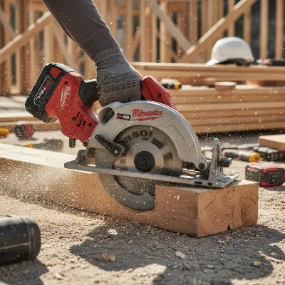 Milwaukee M18 Fuel circular saw demonstrating its robust durability on a demanding job site.