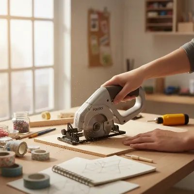 A person holding a compact mini circular saw, making a precise cut on a piece of light-colored wood, surrounded by small craft project materials like paint, fabric scraps, and measuring tape on a clean workbench, soft natural lighting, realistic style