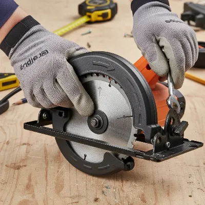 A new circular saw blade being installed, with the teeth direction clearly visible, emphasizing correct orientation.