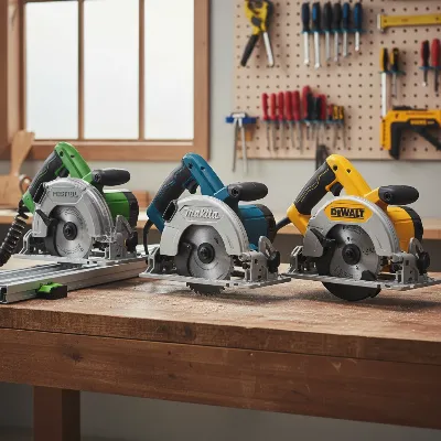 A display of various plunge cut circular saws from top brands like Festool, Makita, and DeWalt, showcasing their distinct designs and features.