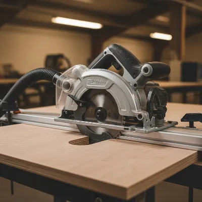 A close-up of a plunge cut circular saw making a precise, splinter-free cut on a sheet of plywood, guided by a track.
