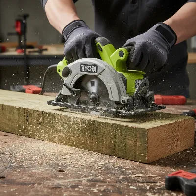 Ryobi ONE+ 18V Cordless Circular Saw cutting wood on a workbench