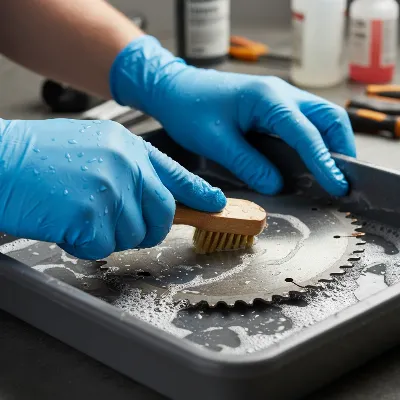 A person wearing protective gloves and eye protection, carefully scrubbing a circular saw blade with a brass-bristle brush in a shallow tray filled with cleaning solution.