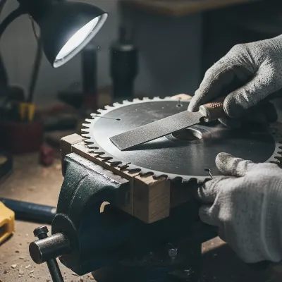 A close-up, detailed shot of a person using a diamond file to sharpen a circular saw blade tooth, which is securely held in a workbench vise. The person's hands are wearing protective gloves, and the file is held at the correct angle to match the tooth's geometry. The focus is on the blade and the file, with clear visibility of the sharpening action. The lighting is direct and highlights the metal surface.