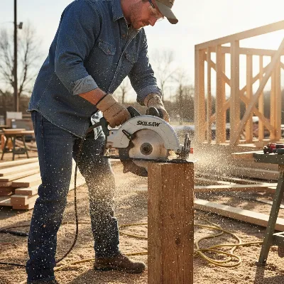 A Skilsaw 15 Amp Worm Drive Circular Saw cutting through a thick piece of lumber on a construction site, emphasizing power and precision.