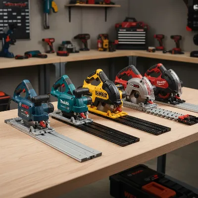 A collection of track saws from leading brands like Bosch, Makita, DeWalt, Milwaukee, and WEN, neatly arranged in a professional workshop.