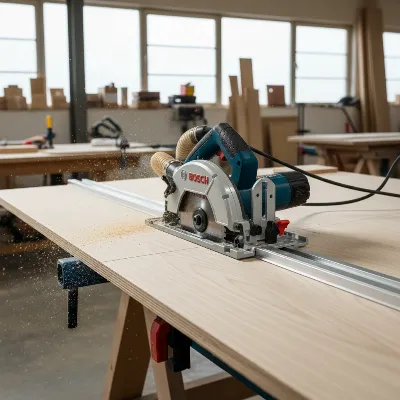 A track saw cutting a large sheet of plywood with precision, showing the saw on the guide rail and minimal sawdust.