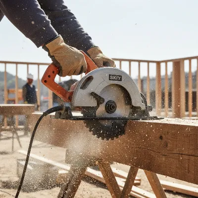 A worm drive circular saw cutting through a thick wooden beam on a construction site, emphasizing power and precision.